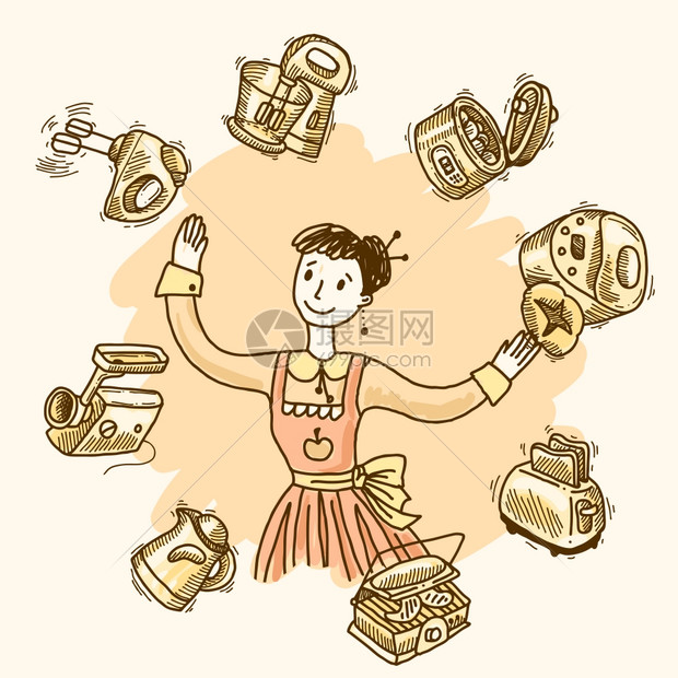 妇女与厨房设备电器手绘矢量插图