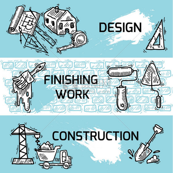 建筑草图装饰横幅与整理工作孤立矢量插图图片
