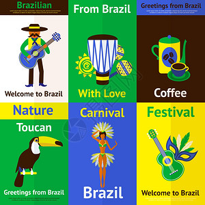 巴西迷你海报集旅游自然音乐嘉华符号孤立矢量插图背景图片