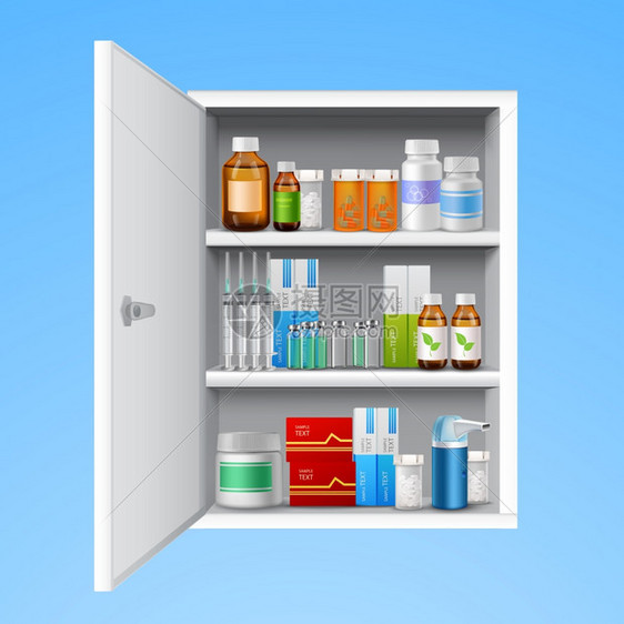 药柜与药片药丸瓶下降现实隔离白色背景矢量插图图片