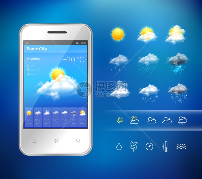 现实的手机与天气预报小部件移动应用程序布局模板矢量插图图片
