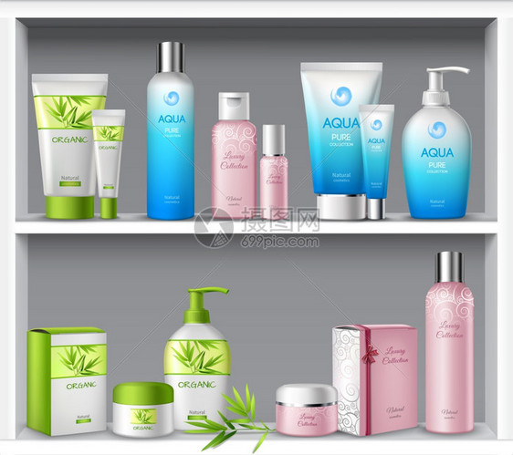 女化妆品卫生美容治疗产品包装货架矢量插图图片
