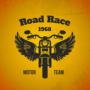 摩托自行车与翅膀道路比赛机动队黑色文字海报矢量插图图片