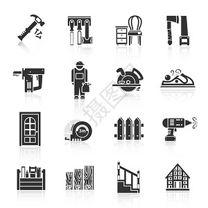 机械互联网木工行业设备图标黑色与工具家具锯孤立矢量插图插画