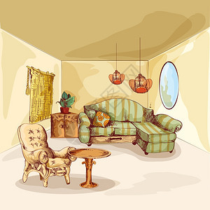 客厅内部素描背景与扶手椅沙发镜子桌子矢量插图图片