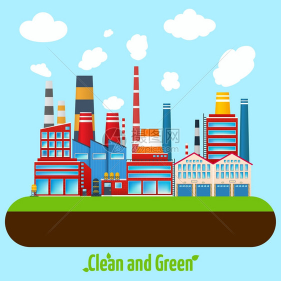 清洁绿色制造现代工业厂房海报矢量插图图片