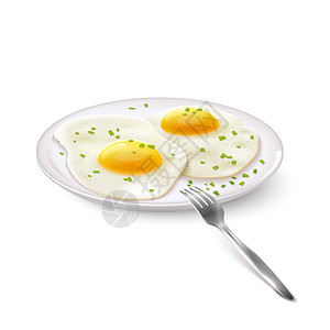 煮熟的鸡蛋煎鸡蛋早餐盘子与叉子现实隔离白色背景矢量插图插画