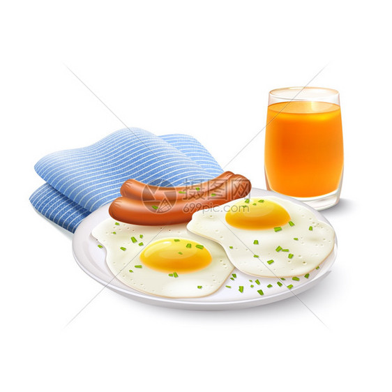 早餐食品写实套橙汁煎蛋与香肠餐巾矢量插图图片