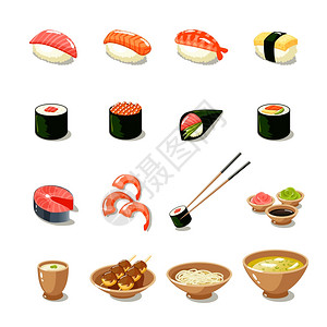 荞麦话亚洲食品图标寿司卷生鱼片条MISO孤立矢量插图插画