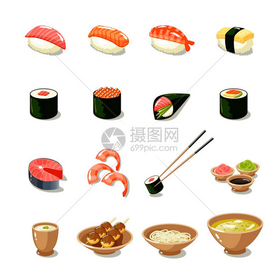 亚洲食品图标寿司卷生鱼片条MISO孤立矢量插图图片