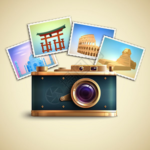 旅行照片背景与复古相机地标卡矢量插图图片