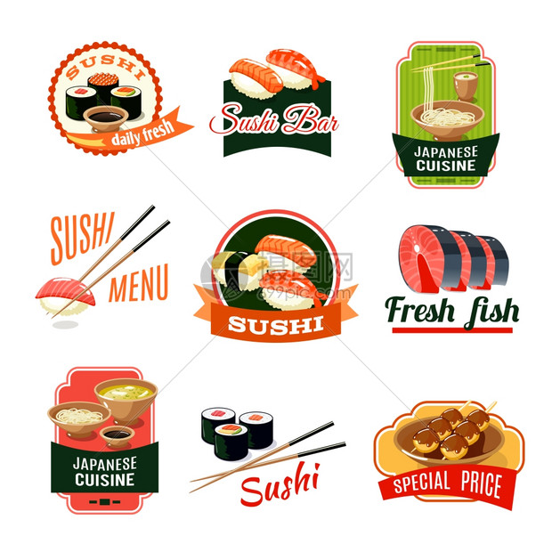 亚洲食品寿司店日本料理新鲜鱼类标签矢量插图图片