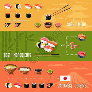 大米亚洲食品横幅与寿司菜单最佳成分日本料理孤立矢量插图插画