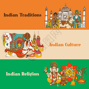 印度彩色素描横幅与传统文化,宗教,矢量插图图片