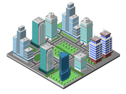 现代城市与等距摩天大楼办公室,三维建筑装饰图标矢量插图图片