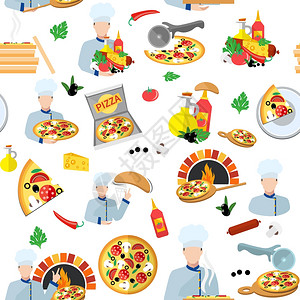 比萨饼制造商无缝图案与新鲜食品盒厨师烹饪矢量插图图片