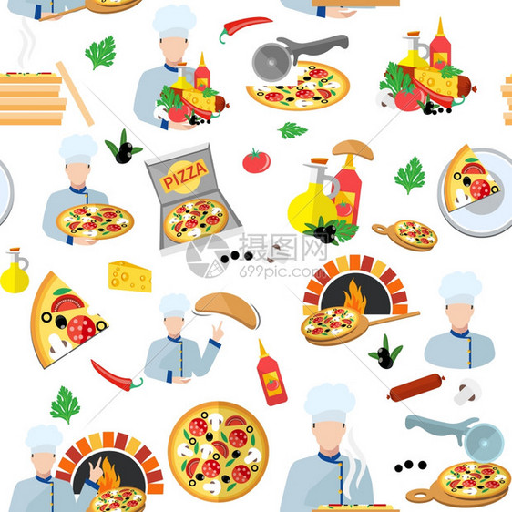 比萨饼制造商无缝图案与新鲜食品盒厨师烹饪矢量插图图片