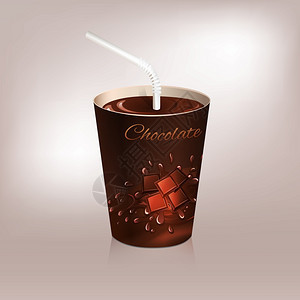 纸杯热巧克力咖啡包装与饮用吸管隔离矢量插图图片