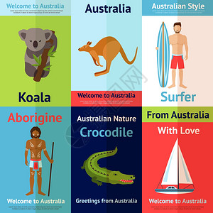 澳大利亚迷你海报考拉冲浪者鳄鱼孤立矢量插图图片
