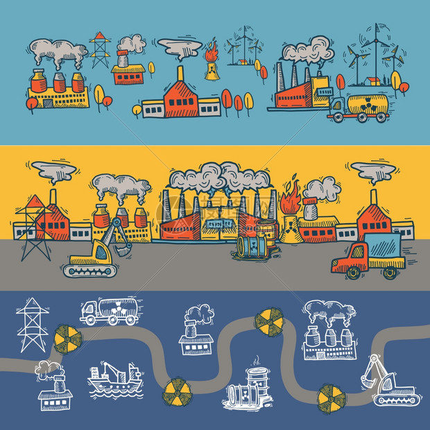 工业彩色素描横幅与植物污染石油运输符号隔离矢量插图图片