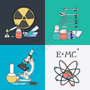 科学科研实验室设备彩色草图图标与瓶燃烧器显微镜孤立矢量插图图片