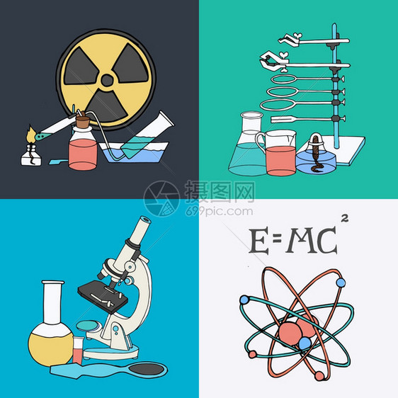 科学科研实验室设备彩色草图图标与瓶燃烧器显微镜孤立矢量插图图片