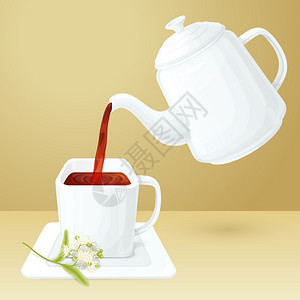 瓷茶杯壶与林登早午餐矢量插图图片