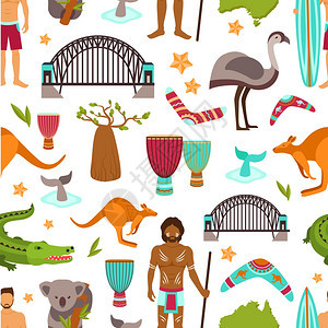 澳大利亚无缝图案与澳大利亚土著动物旅游矢量插图图片