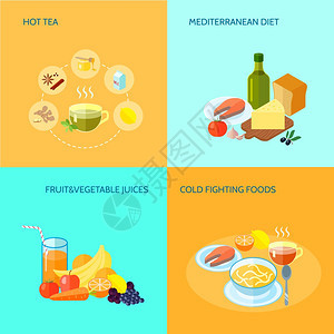 健康食品平图标热茶地中海饮食,水果蔬菜果汁,冷战斗食品矢量插图图片