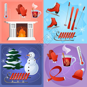 冬季公寓手套滑雪温度计壁炉隔离矢量插图图片