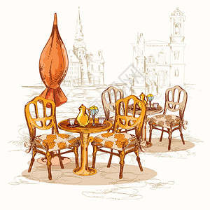 街头咖啡馆素描海报与椅子,桌子老城的背景矢量插图图片