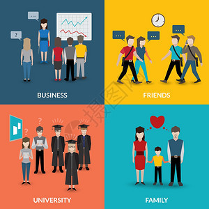 人的社会行为交流模式四个平图标成为大学商业家庭家庭情况矢量插图图片