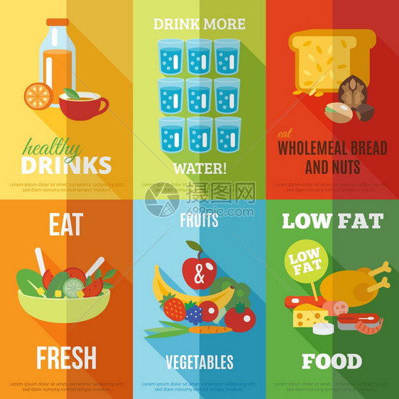 健康饮食迷你海报与水饮料全麦包坚果矢量插图图片