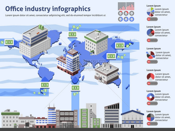 办公行业信息图表与商业建筑世界图表矢量插图图片