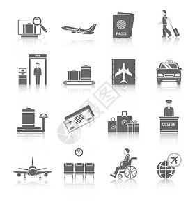 机场航站楼旅客安全图标黑色集合孤立矢量插图图片