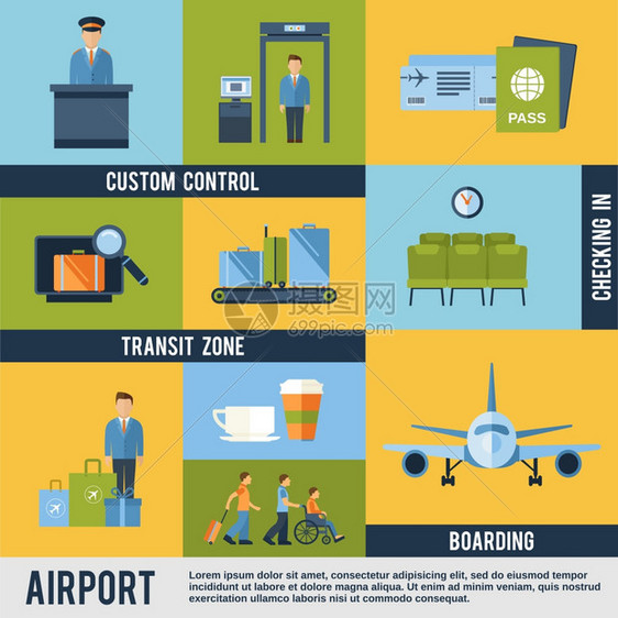 机场图标装饰集与自定义控制过境区登机检查矢量插图图片