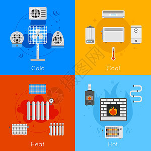 加热冷却平图标与冷冷热热隔离矢量插图图片