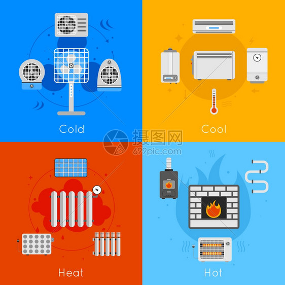 加热冷却平图标与冷冷热热隔离矢量插图图片