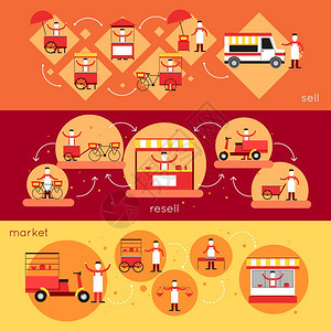 街头食品水平横幅与销售售市场要素矢量插图图片