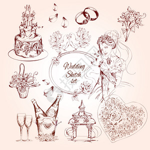 婚礼草图蛋糕香槟新娘花环孤立矢量插图图片