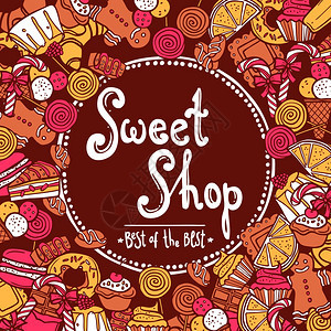 甜商店背景与素描饼干,巧克力甜甜圈蛋糕矢量插图图片