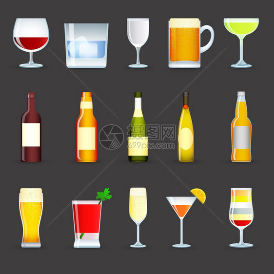酒精饮料装饰图标鸡尾酒,啤酒,伏特加,孤立矢量插图图片