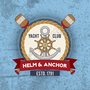 老式航海标志舵锚游艇俱乐部与锚车轮矢量插图图片