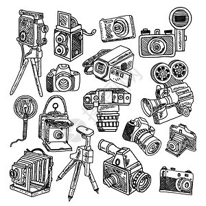照片电影复古爱好相机与三脚架手电筒象形文字收集涂鸦素描矢量插图图片