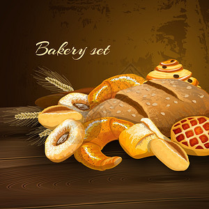 包店包海报与小麦糕点甜甜圈小麦耳朵木制桌子矢量插图图片
