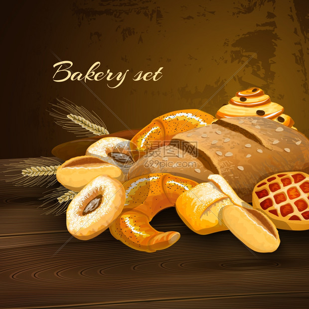 包店包海报与小麦糕点甜甜圈小麦耳朵木制桌子矢量插图图片