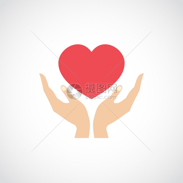 人类双手握住并保护红心爱与健康符号矢量插图图片