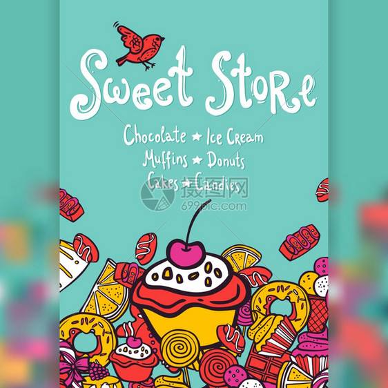 甜商店与巧克力冰淇淋,松饼,甜甜圈,蛋糕糖果背景矢量插图图片