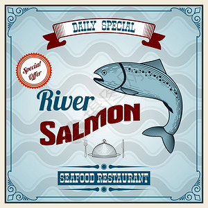 海鲜餐厅复古海报与河流鲑鱼矢量插图图片