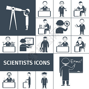 科学家图标黑色与科学职业专业人员人物隔离矢量插图图片